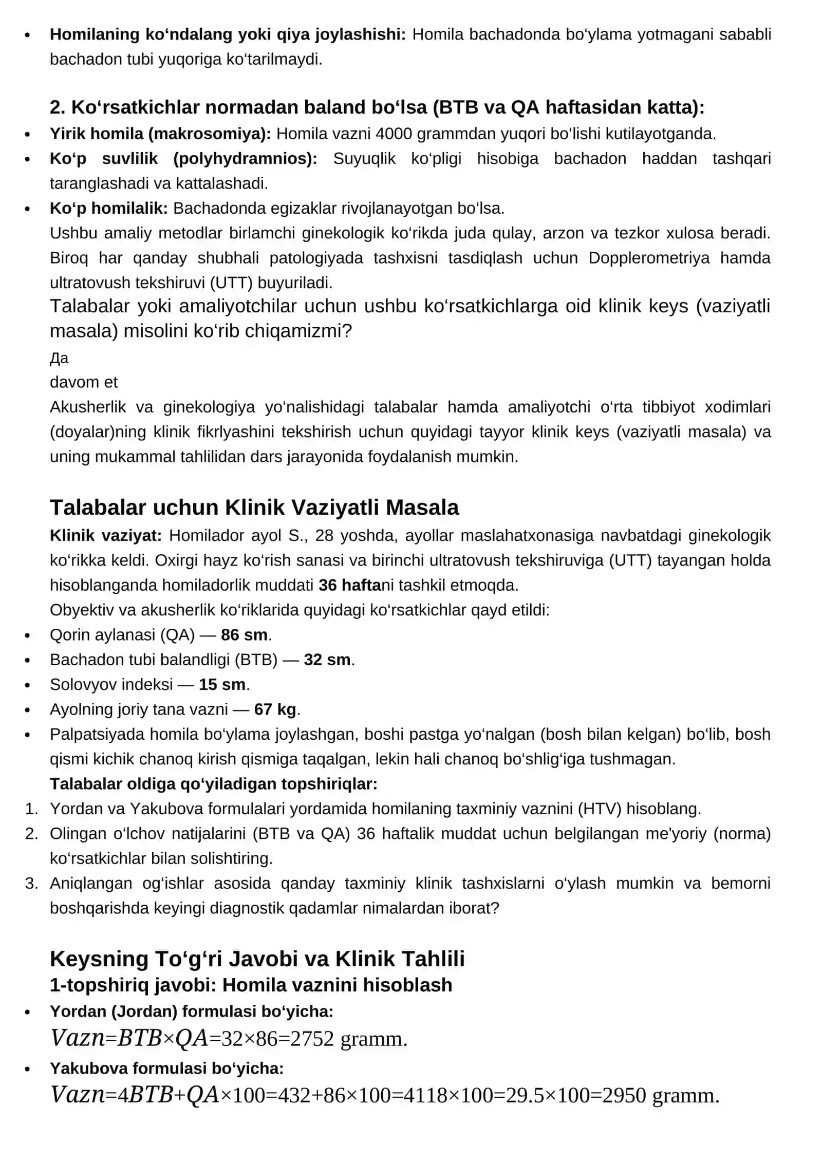 Qorin aylanasi, bachadon tubi balandligi va homilaning taxminiy vaznini aniqlash 4