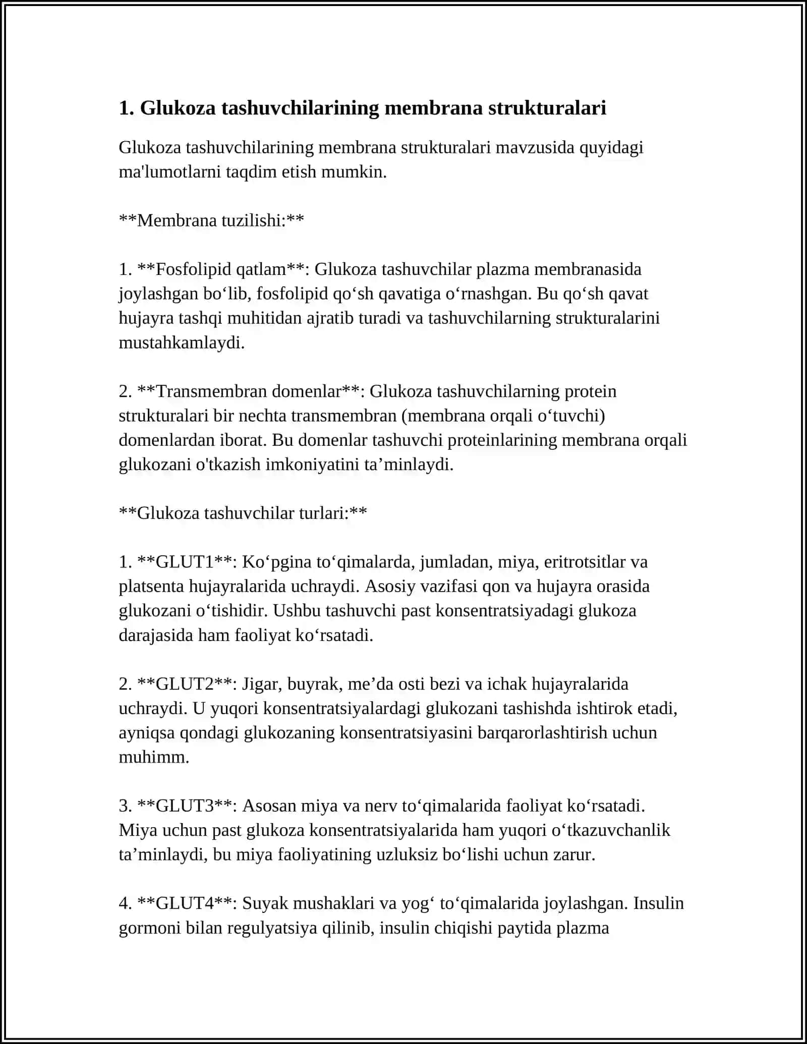 GLYUKOZANI MEMBRANA ORQALI O’TKAZILISHI. GLYUKOZA TASHUVCHILARINING TUZILISHI, SPETSIFIKLIGI, KLINIK AHAMIYATI 4