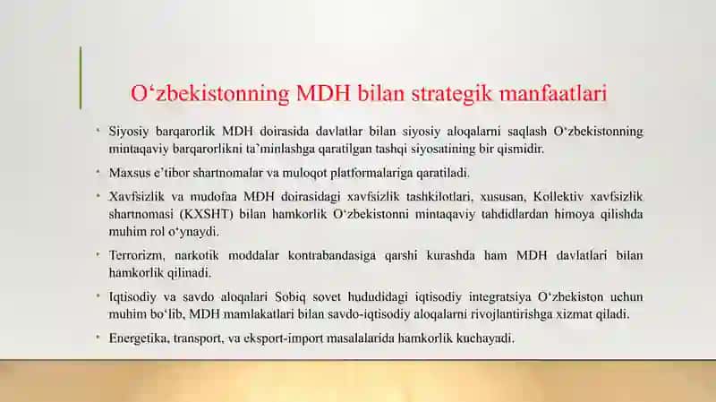 O‘ZBEKISTON TASHQI SIYOSATIDA MDH DAVLATLARINING TUTGAN O‘RNI. 4