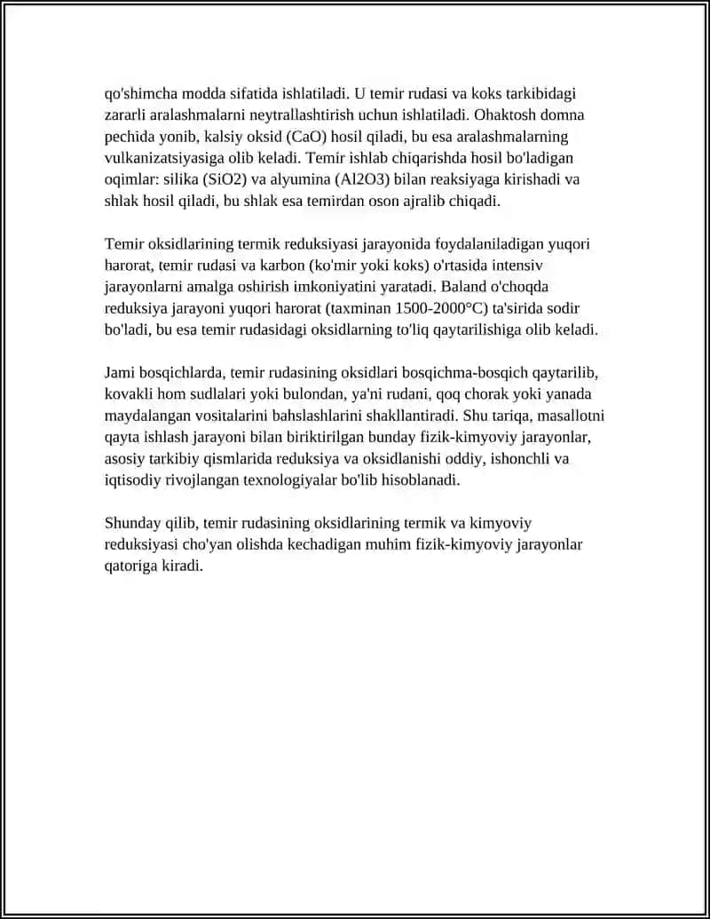 Temir rudasining oksidlarining termik va kimyoviy reduksiyasi 4