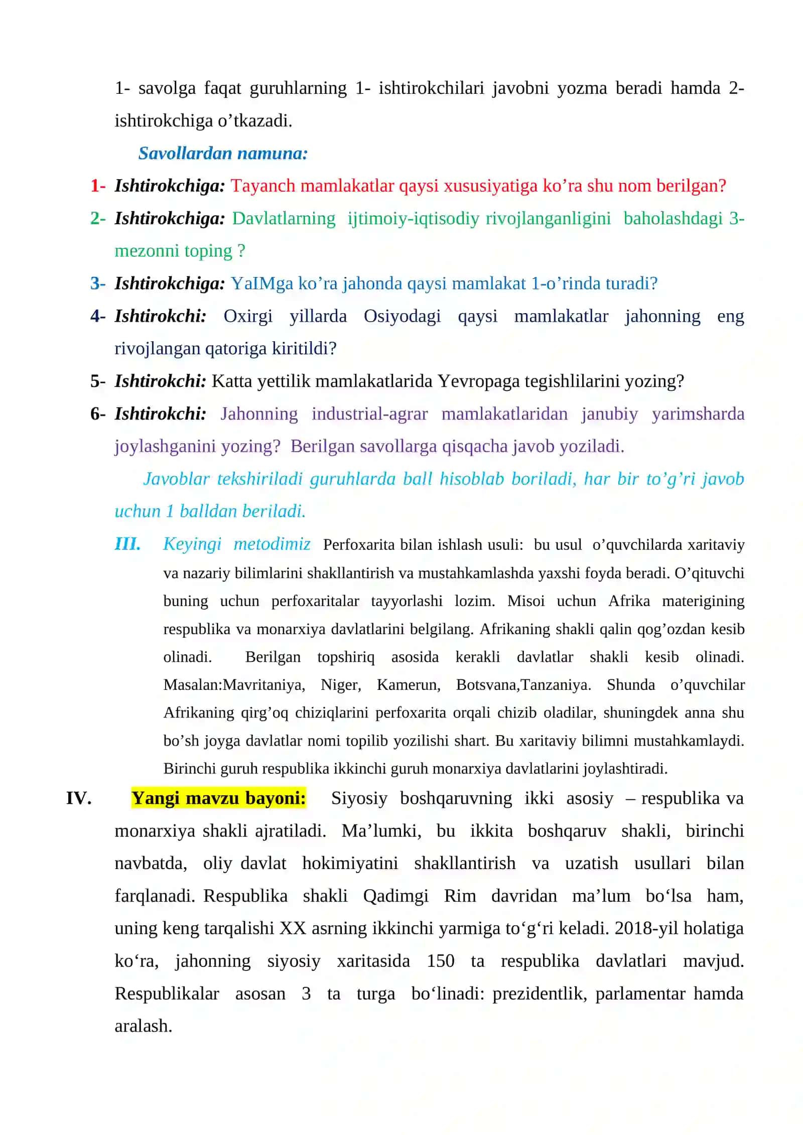 9-sinf Geografiya fanidan Mamlakatlarning boshqaruv shakli va davlat tuzilishi ochiq dars ishlanma 4