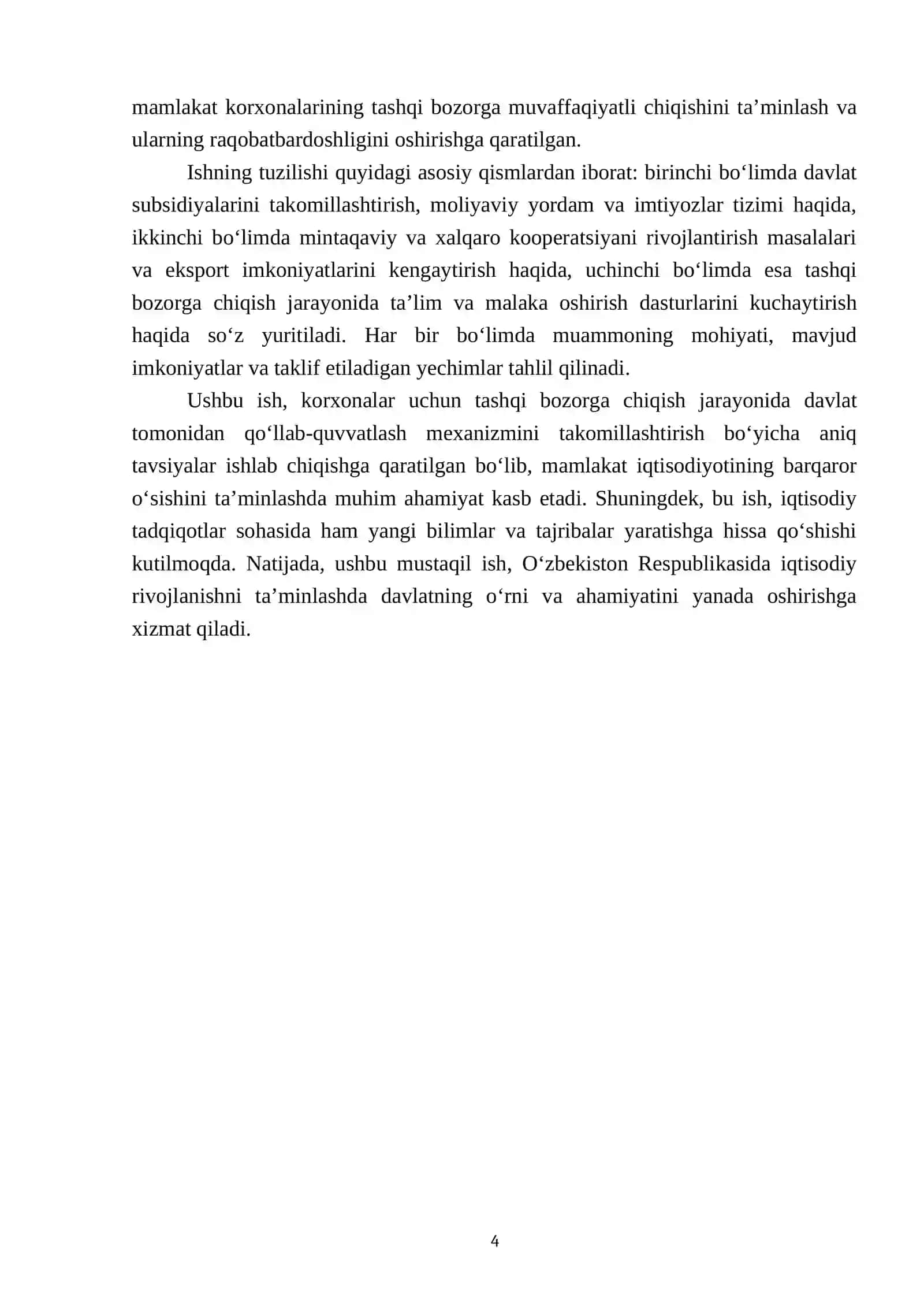 Korxonalarning tashqi bozorga chiqishlarini davlat tomonidan qoʻllab-quvvatlash mexanizmini takomillashtirish yoʻllari 4