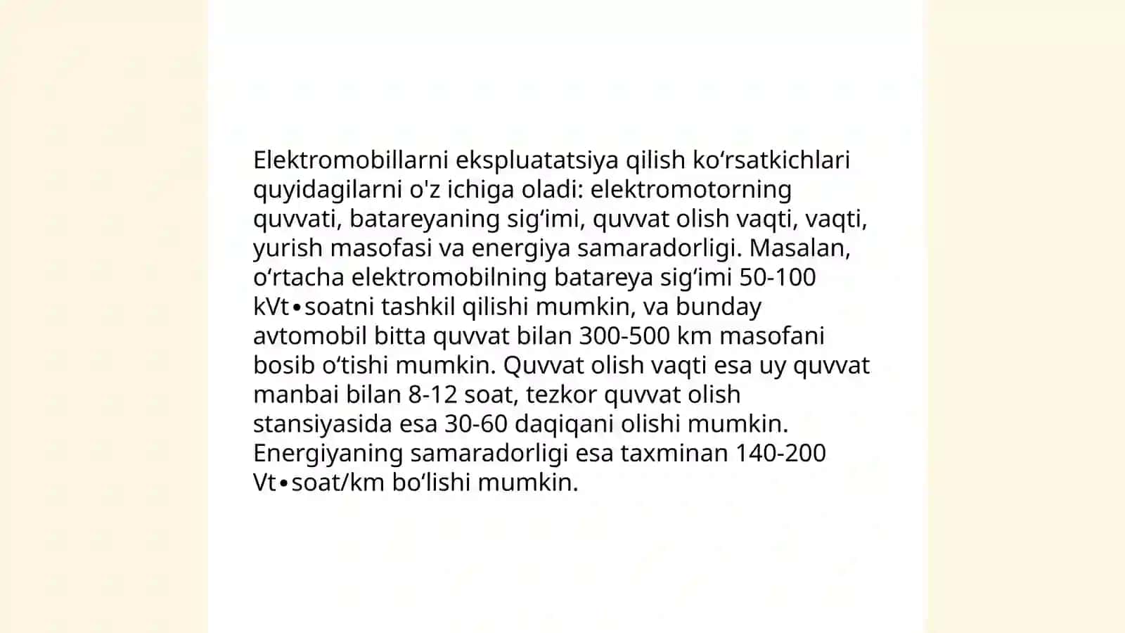 Elektromobil avtomobillaridan foydalanish imkoniyatlari ularning ekspluatatsion koʻrsatkichlarini oʻrganish 4