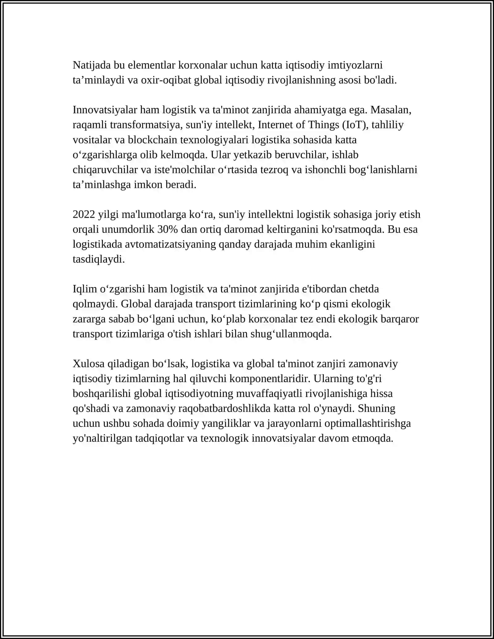 GLOBAL TA'MINOT ZANJIRLARIDA LOGISTIKANING ROLI VA MUAMMOLARI 4