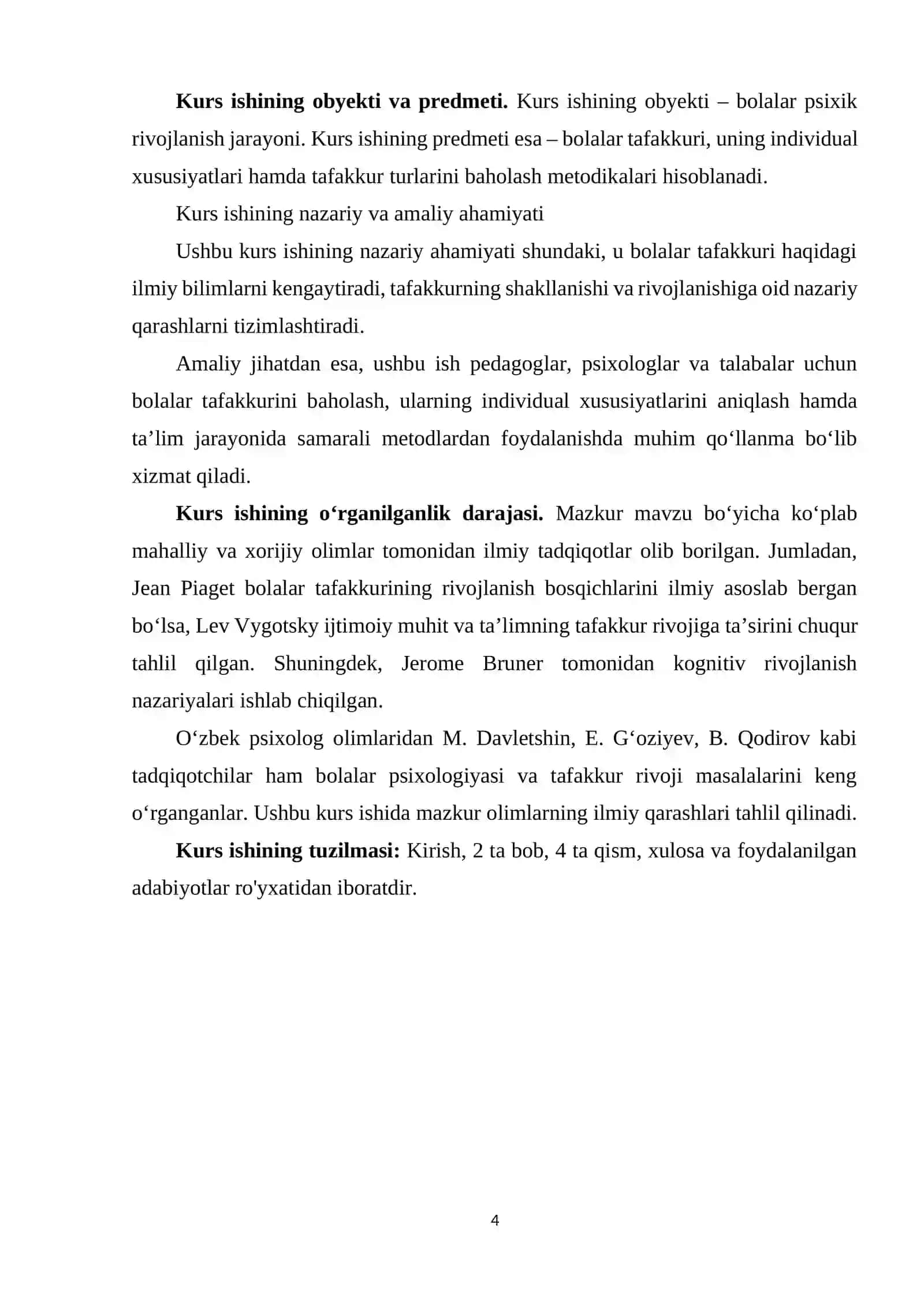 Bolalar tafakkuri va uning individual xususiyatlari hamda tafakkur turini baholash metodikalari kurs ishi 4