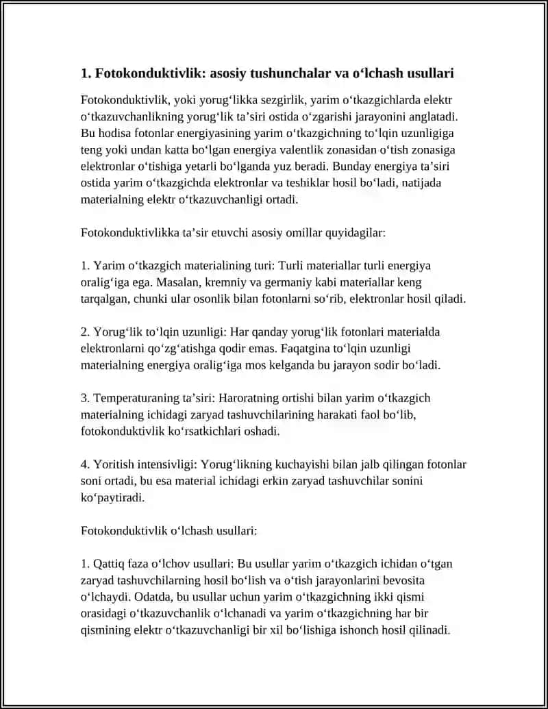 YARIM OʻTKAZGICHLARDA ELEKTR OʻTKAZUVCHANLIGI YORUGʻLIK TAʼSIRIDA OʼZGARISHI 4