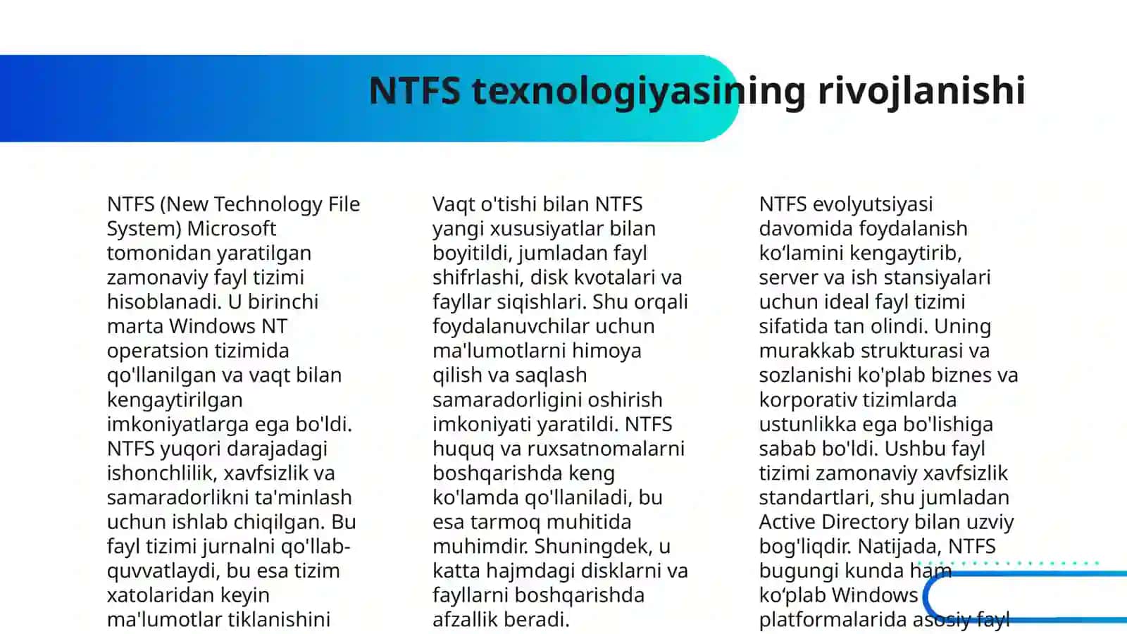 FAYL TIZIMLARI VA ULARNING XUSUSIYATLARI NTFS FAT EXFAT MISOLIDA 4