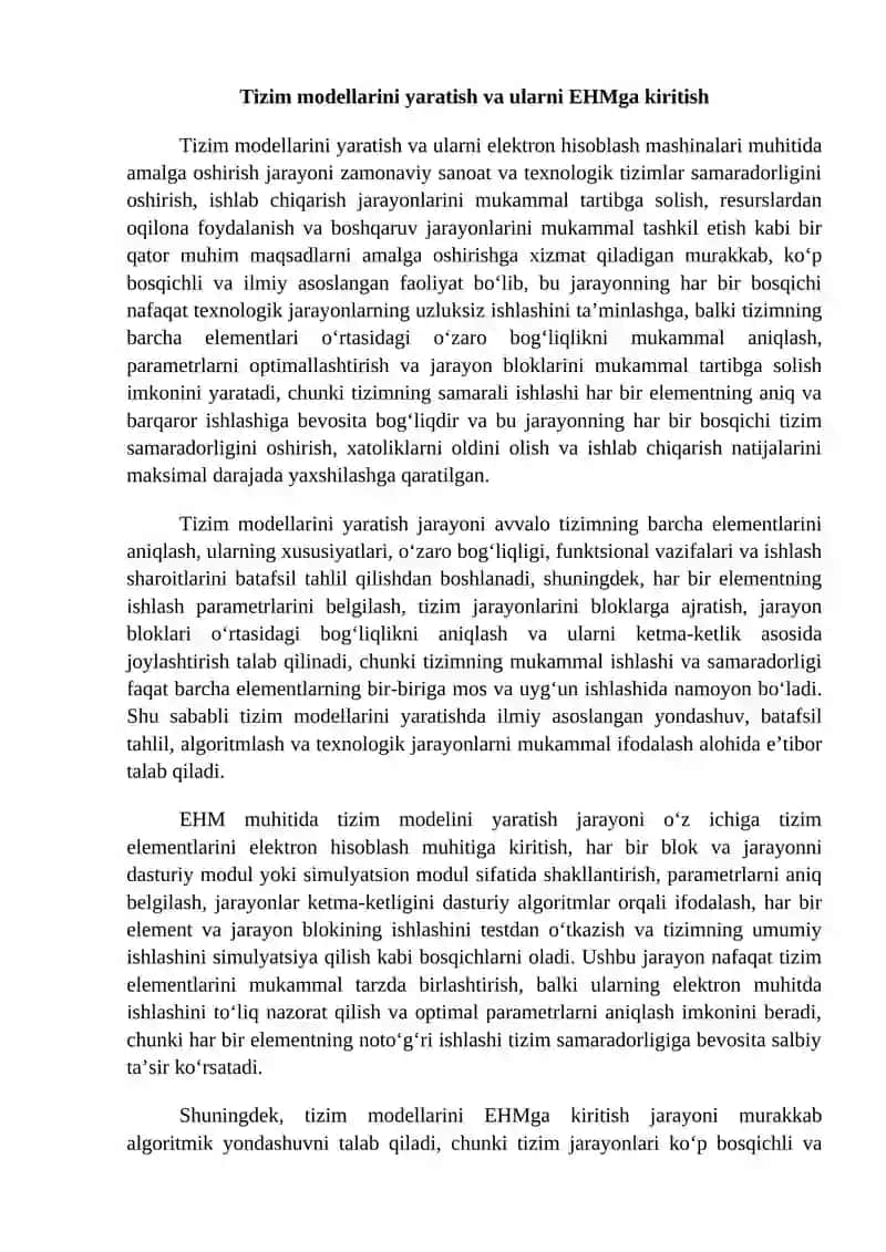 Tizimlarning modellarini EHMda amalga oshirish va ularning ketma ketligini ishlab chiqish 4