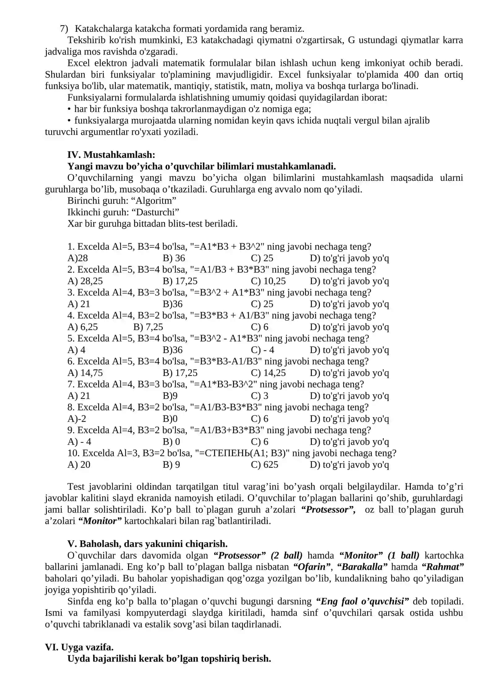 MS Excelda matematik amallar va funksiyalarni qo'llash 4