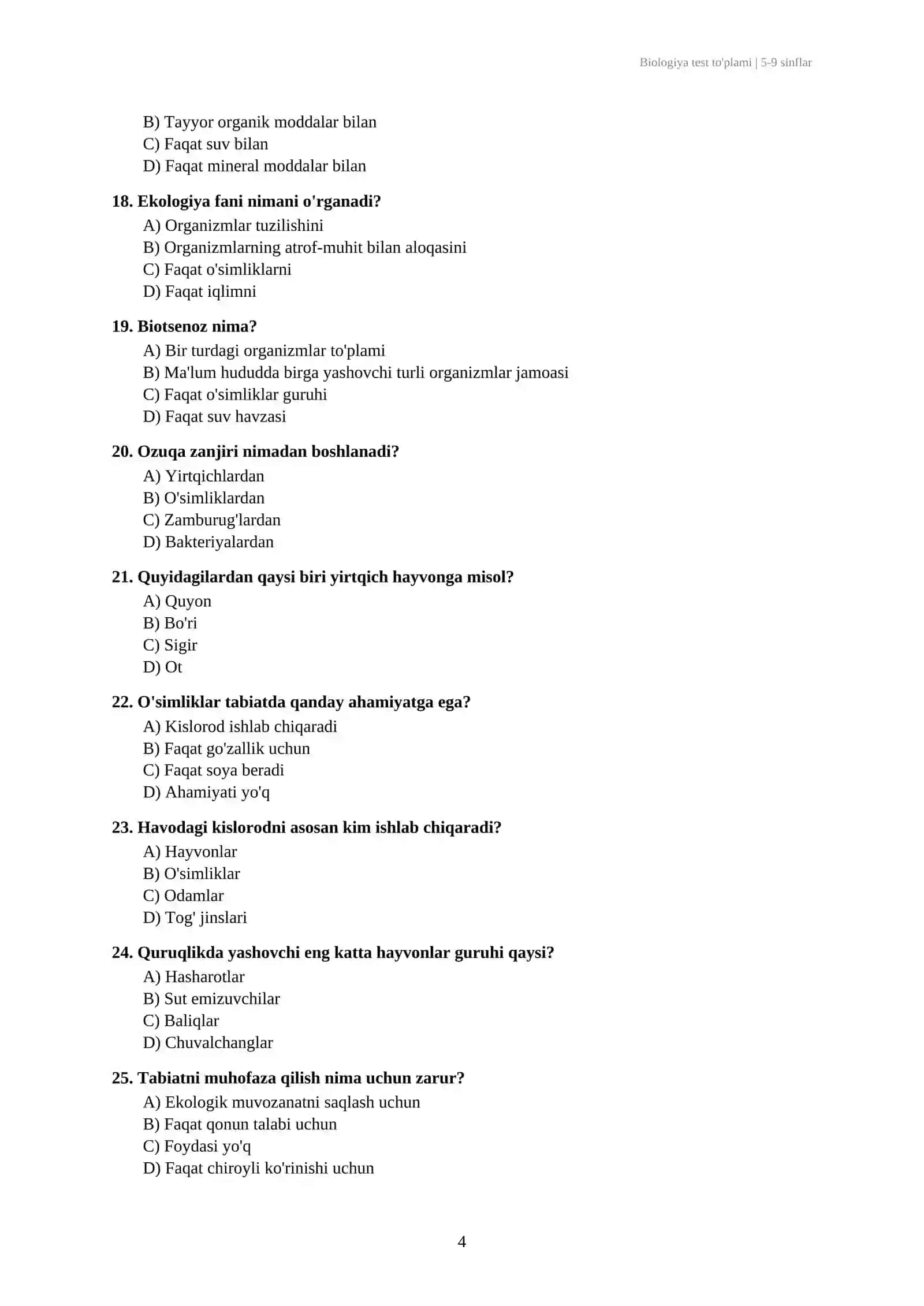 Biologiya fanidan testlar javobi bilan 5-9 sinflar 4