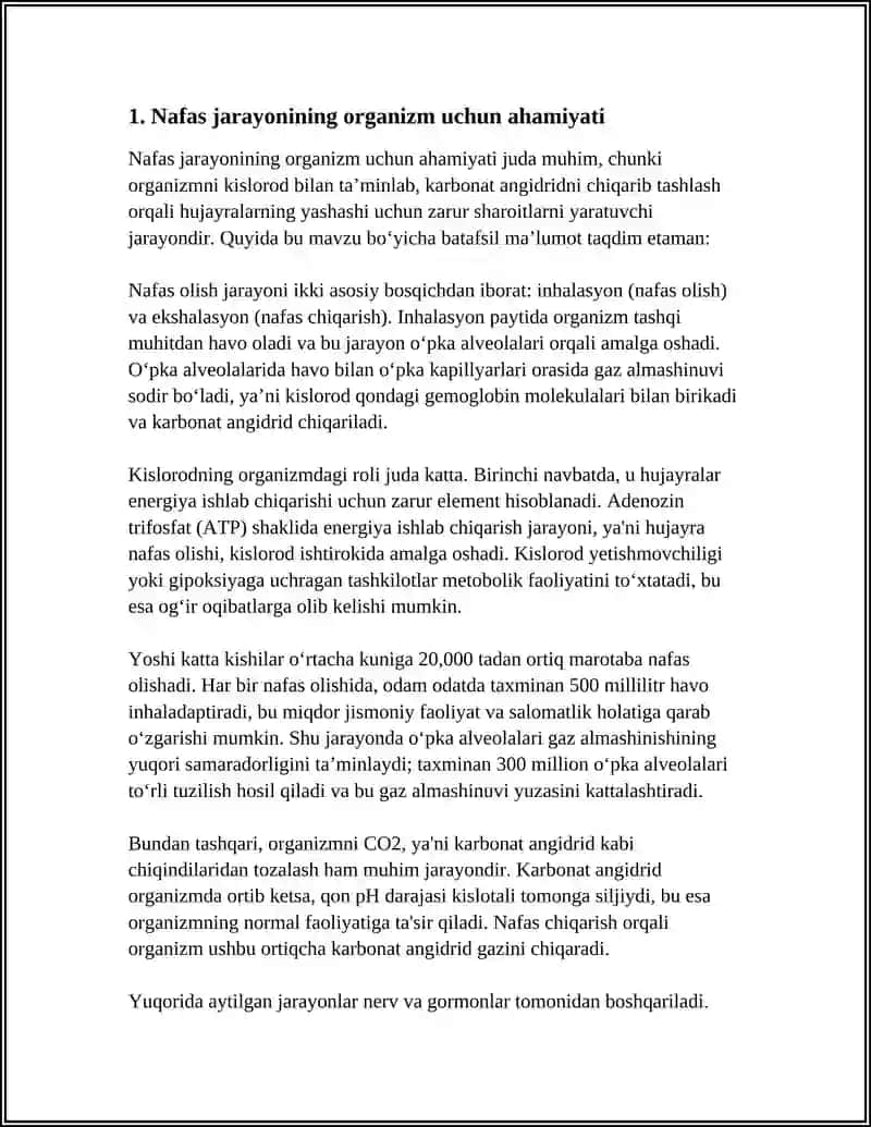 REFERAT Mavzu: NAFAS JARAYONINING ORGANIZM UCHUN AHAMIYATI NAFAS AʼZOLARINING TUZILISHI JOYLASHISHI VAZIFASI 4