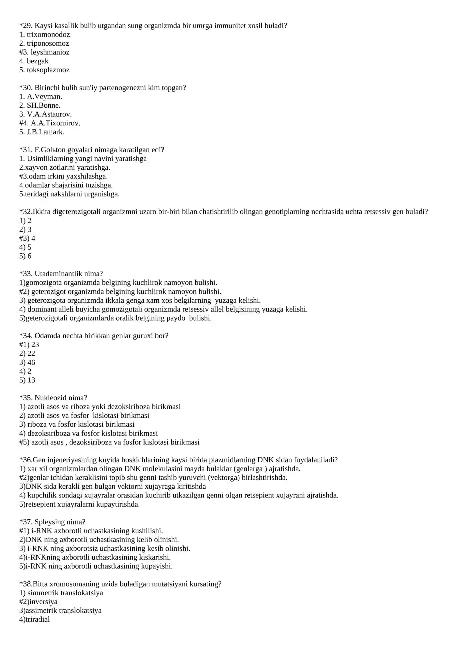 Tibbiy biologiya.Umumiy genetika fanidan o'zbekcha test savollari 4