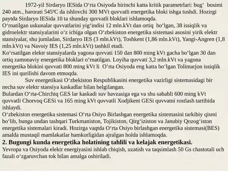 OʻZBEKISTONDA ENERGETIKANING RIVOJLANISH TARIXI, BUGUNGI XOLATI VA ISTIQBOLLARI 4
