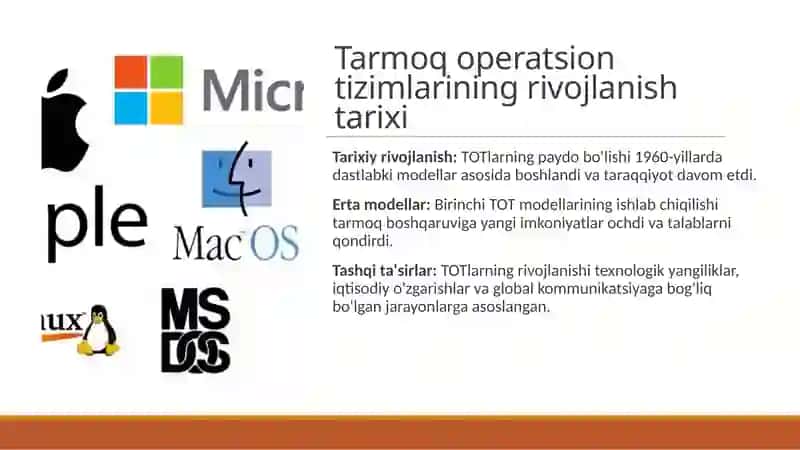 Tarmoq operatsion tizimlari. Tarmoqlarda qo'llaniladigan operatsion tizimlar va ularning turlari. 4