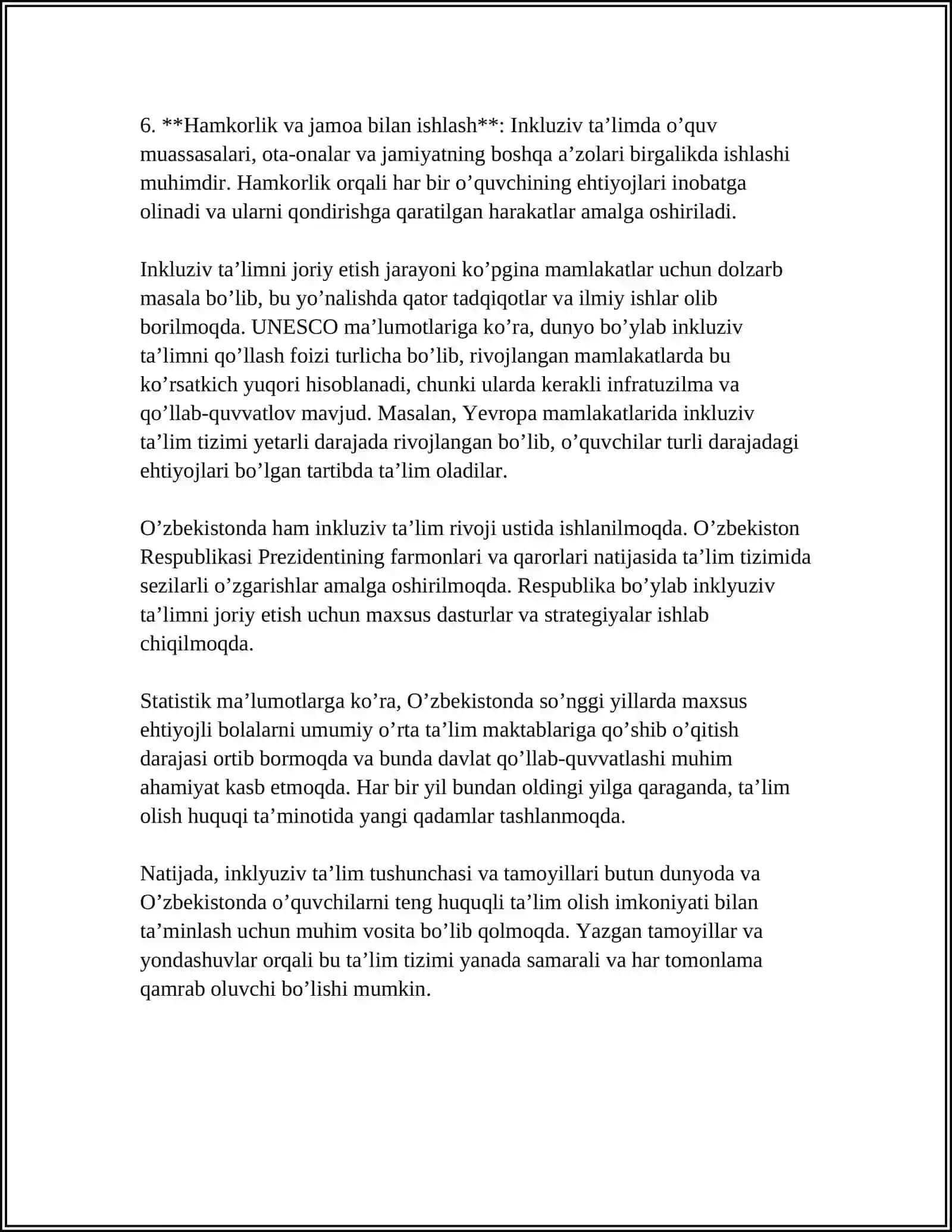 MUSTAQIL ISH Mavzu: INKLYUZIV TAʼLIMNING HUQUQIY ASOSLARI 4