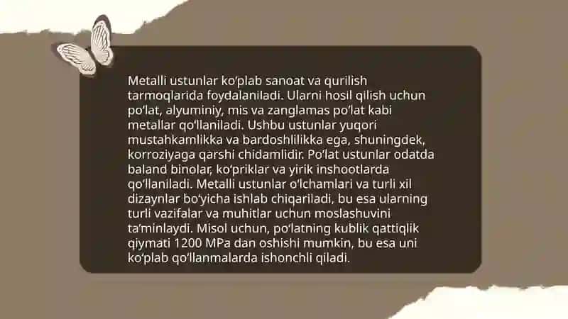 Ustunlar turlari. Ularni ishlatish maqsadi va ularga qo'yiladigan talablar 4