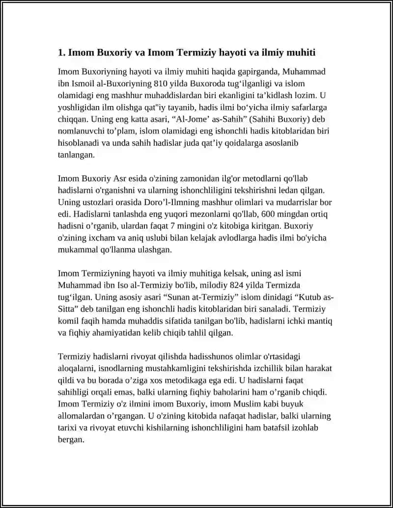 IMOM BUXORIY VA IMOM TERMIZ IYNING HADIS ILMIGA QO'SHGAN HISSALARINI QIYOSIY TAHLILI 4