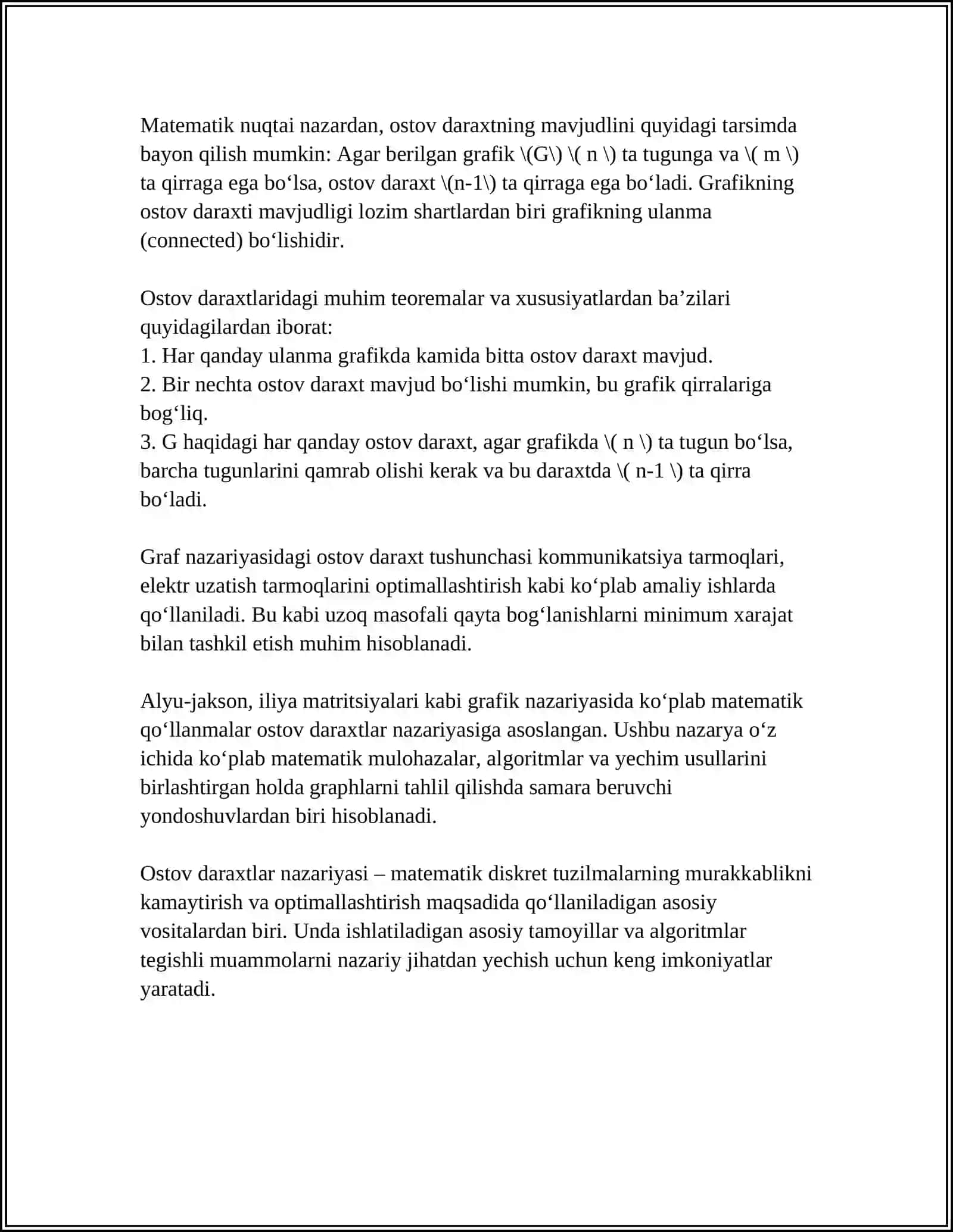 DISKRET TUZILMALAR FANIDAN DARAXTLAR (TRESS).OSTOV DARAXTI MAVZUSIDA MUSTAQIL ISH 4