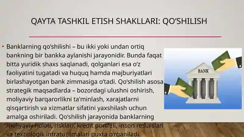 Tijorat banklari faoliyatini qayta tashkil etish  shakllari 4