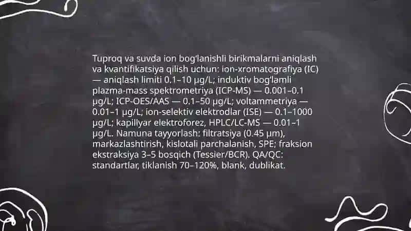 Tuproq va suv ifloslanishi ion boglanishli birikmalani tozalash usulni ishlab chiqish 4
