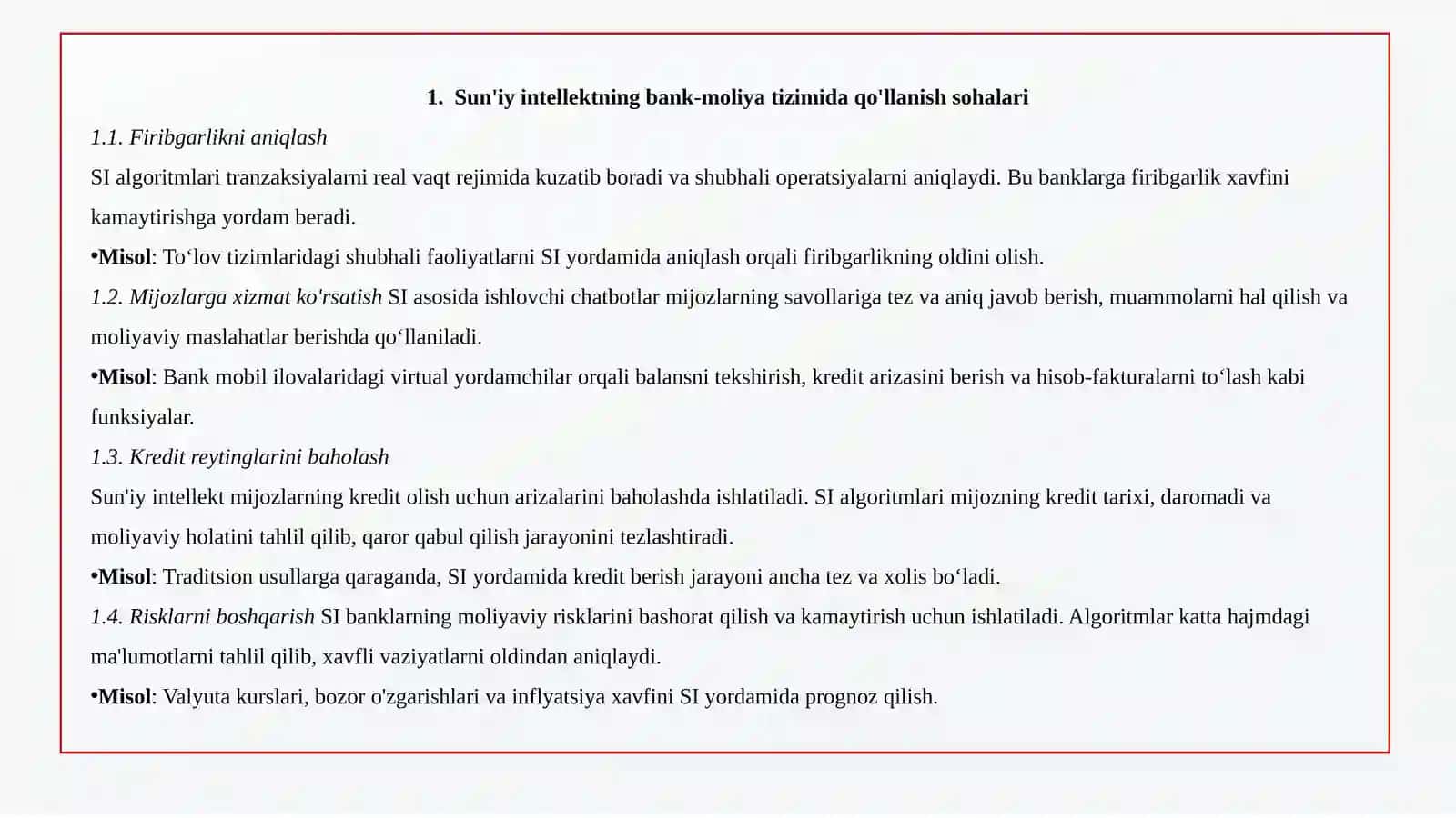 Bank Moliya tizimida sun'iy intellektdan foydalanish 4