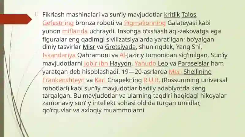 Su’niy intellekt tizimlari. Umumiy su’niy intelekt. Odamlar kabi fikrlaydigan tizimlar. Ratsional fikrlaydigan tizimlar.Su’niy intellekt qaysi sohada eng zarur. Su’niy entellekt: fikrlaydigan mashinalar va ongli robotlar 4