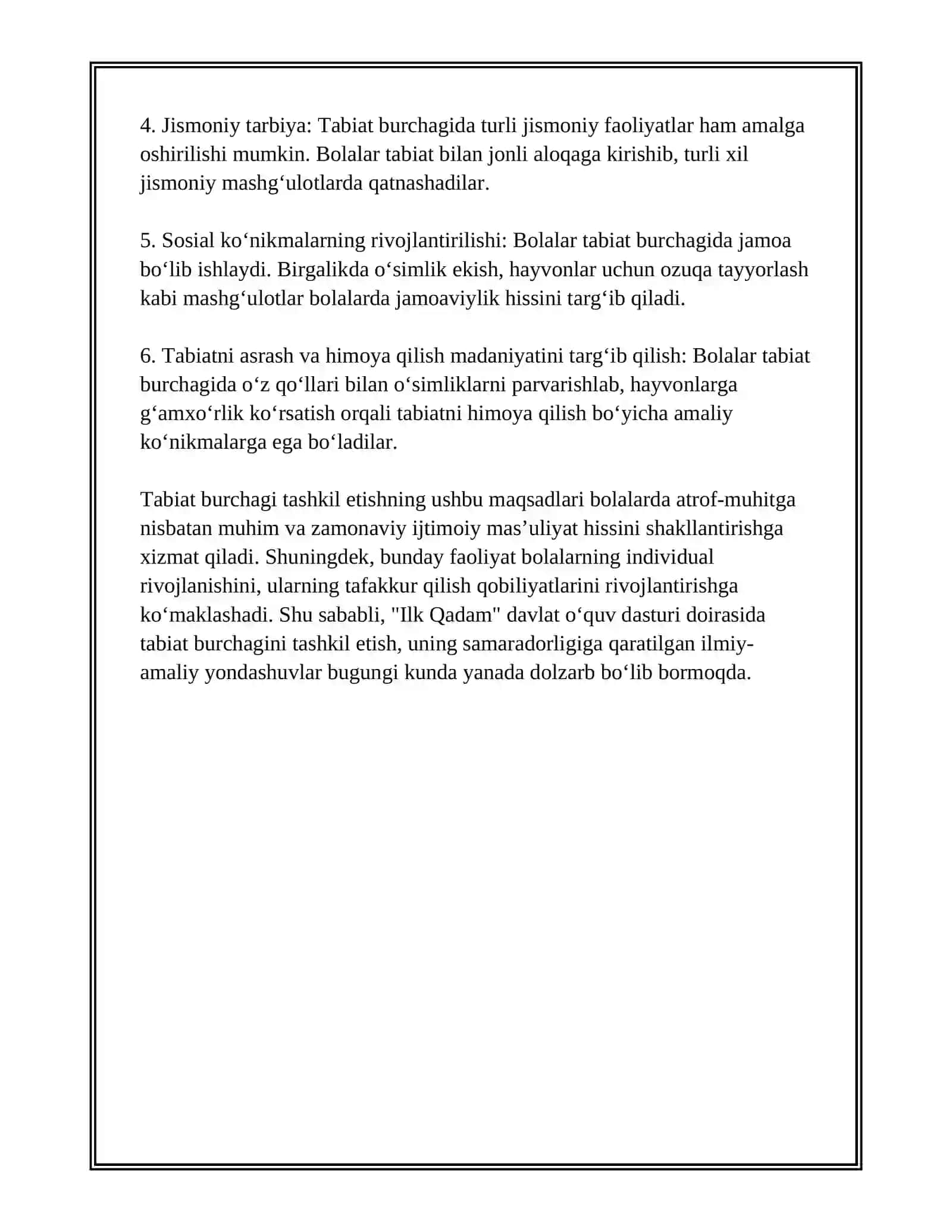 ILK QADAM DAVLAT O‘QUV DASTURI ASOSIDA FAOLIYAT MARKAZLARIDA MAKTABGACHA YOSHDAGI BOLALARNI EKOLOGIK TARBIYASINI TASHKIL QILISH 4