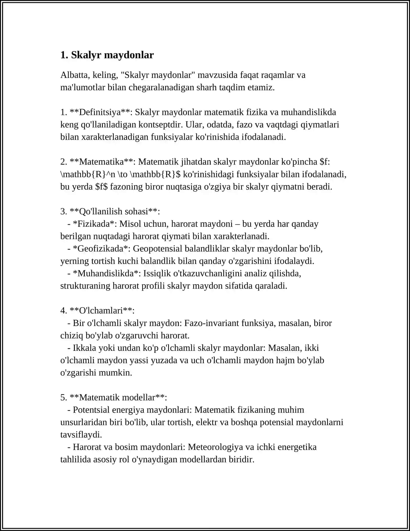 SKALYAR VA VEKTOR MAYDONLAR. YO'NALISH BO'YICHA HOSILA. GRADIENT. VEKTOR CHIZIQAR. VEKTOR MAYDONNING DIVERGENTSIYASI. OSTROGRADSKIYTEOREMASINING TADBIQI. VEKTOR MAYDONINING SIRKULYATSIYASI. SOLENOIDALMAYDONLAR. STOKS TEOREMASINING TADBIQLARI 4