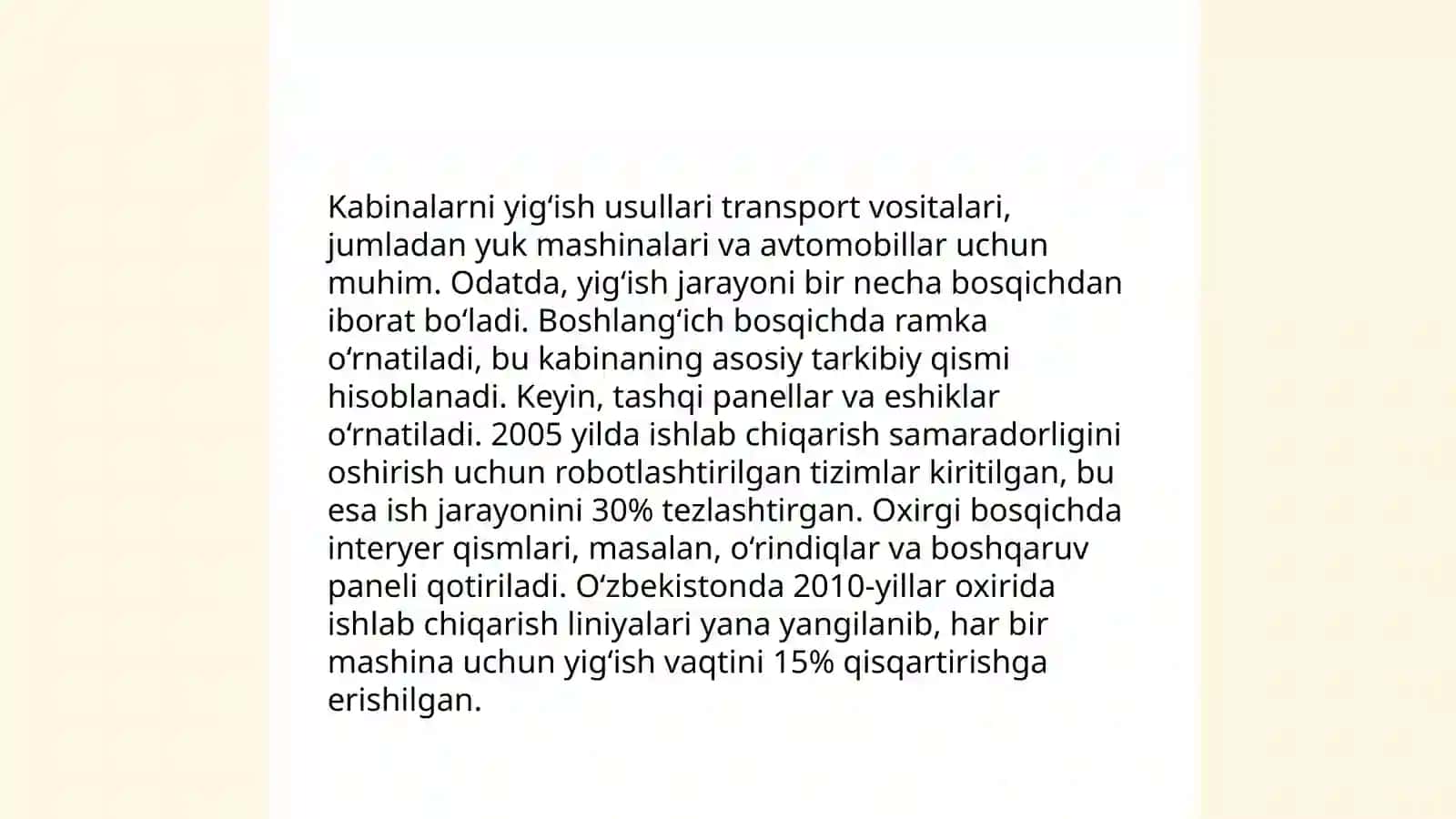 Avtomobil texnikalarini kuzov va kabinasini yig‘ish o‘rnatish ustaxonasi ishini tashkil etish 4