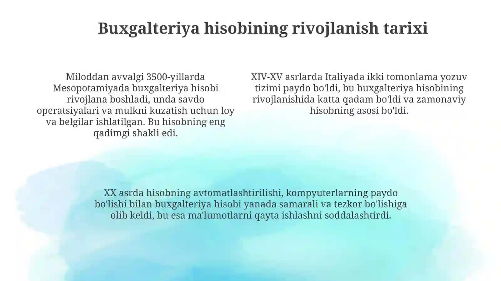 Xo'jalik xisobi to'g'risida tushuncha. Buxgalteriya hisobning rivojlanishi, tarixiy jixatlari 4