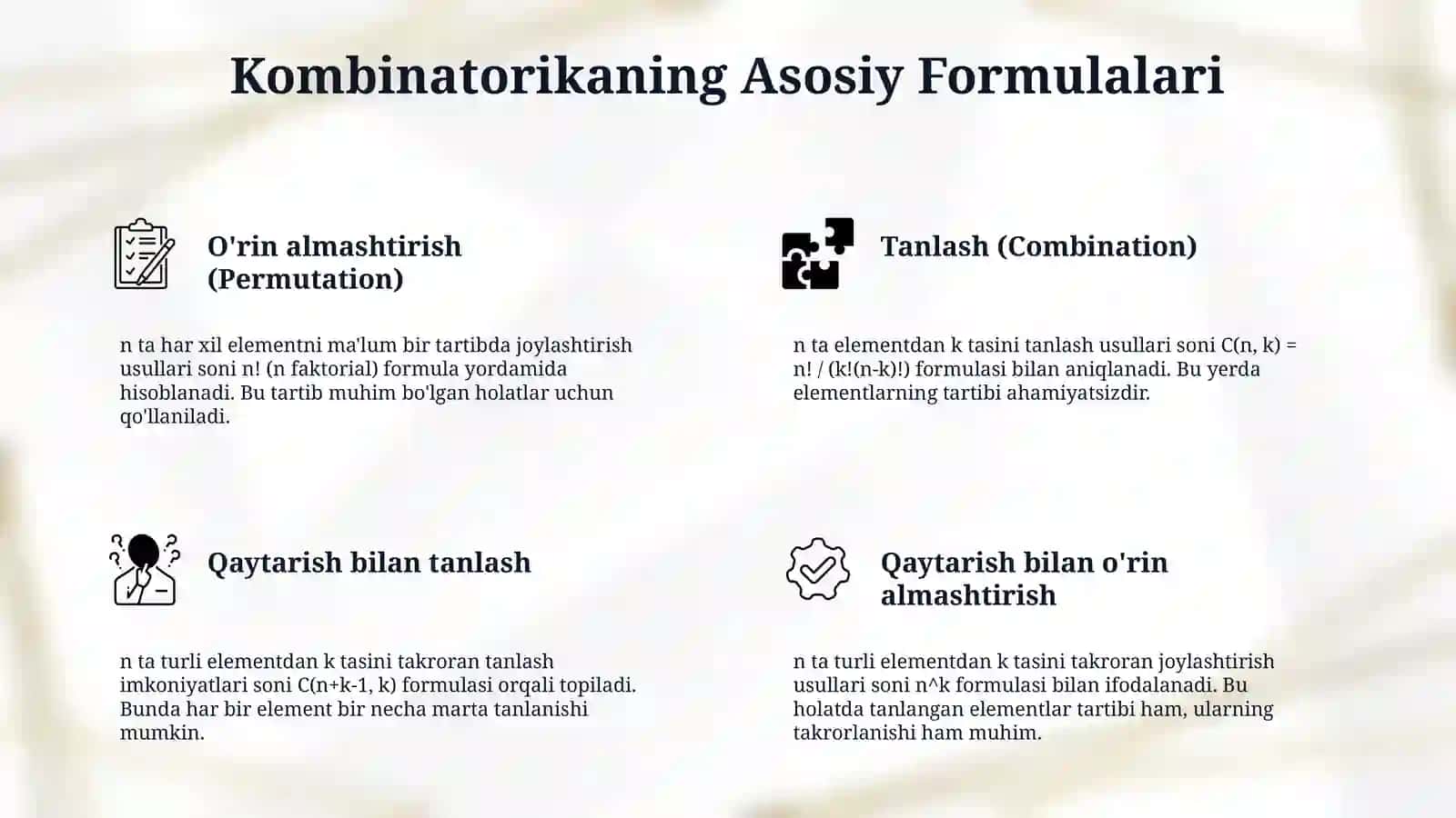 Kombinatorika mavzusidagi  formulalar yordamida yechiladigan masalalar tuzish 4
