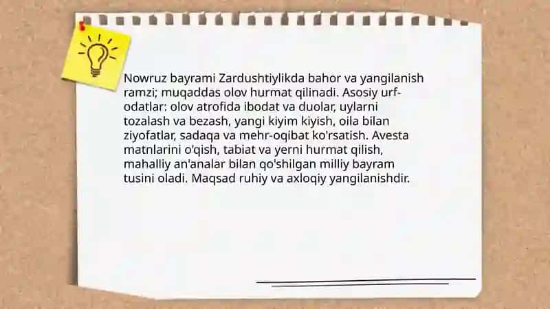 Zardushtiylik taʼlimotida urf-odat marosimlar, maʼnaviy axloqiy qarashlar Shahnoza 4