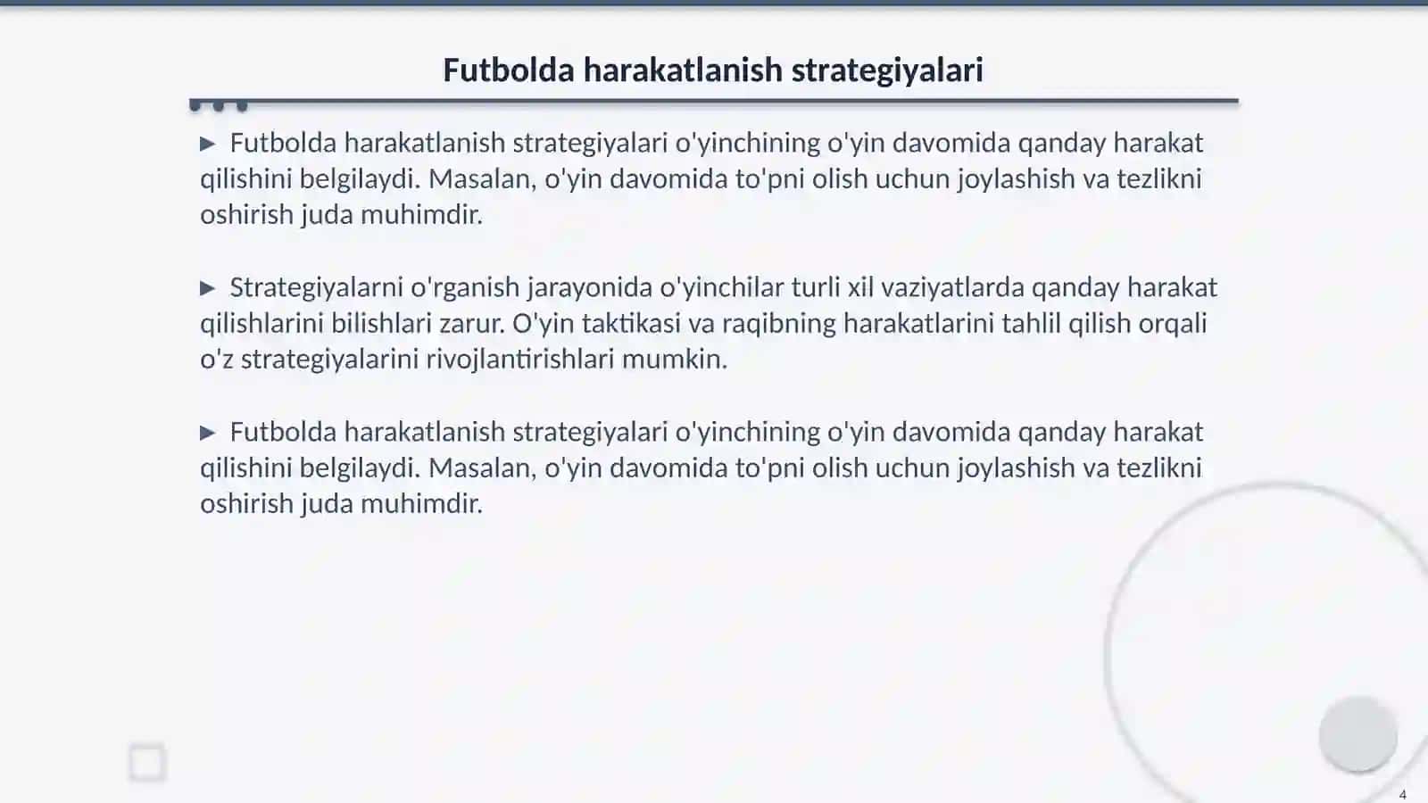 Futbol oʻyinida harakatlanish texnikasini oʻrgatish 4