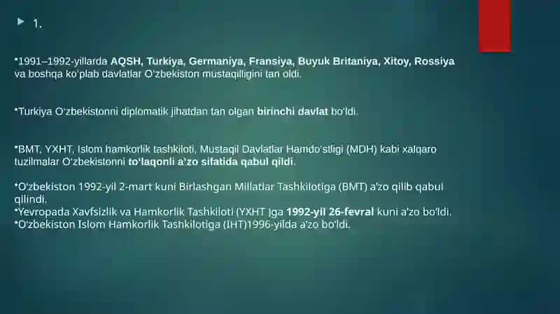 O’zbekistonningtashqi siyosati va yillar kesimidagi o’zgarishlar 4