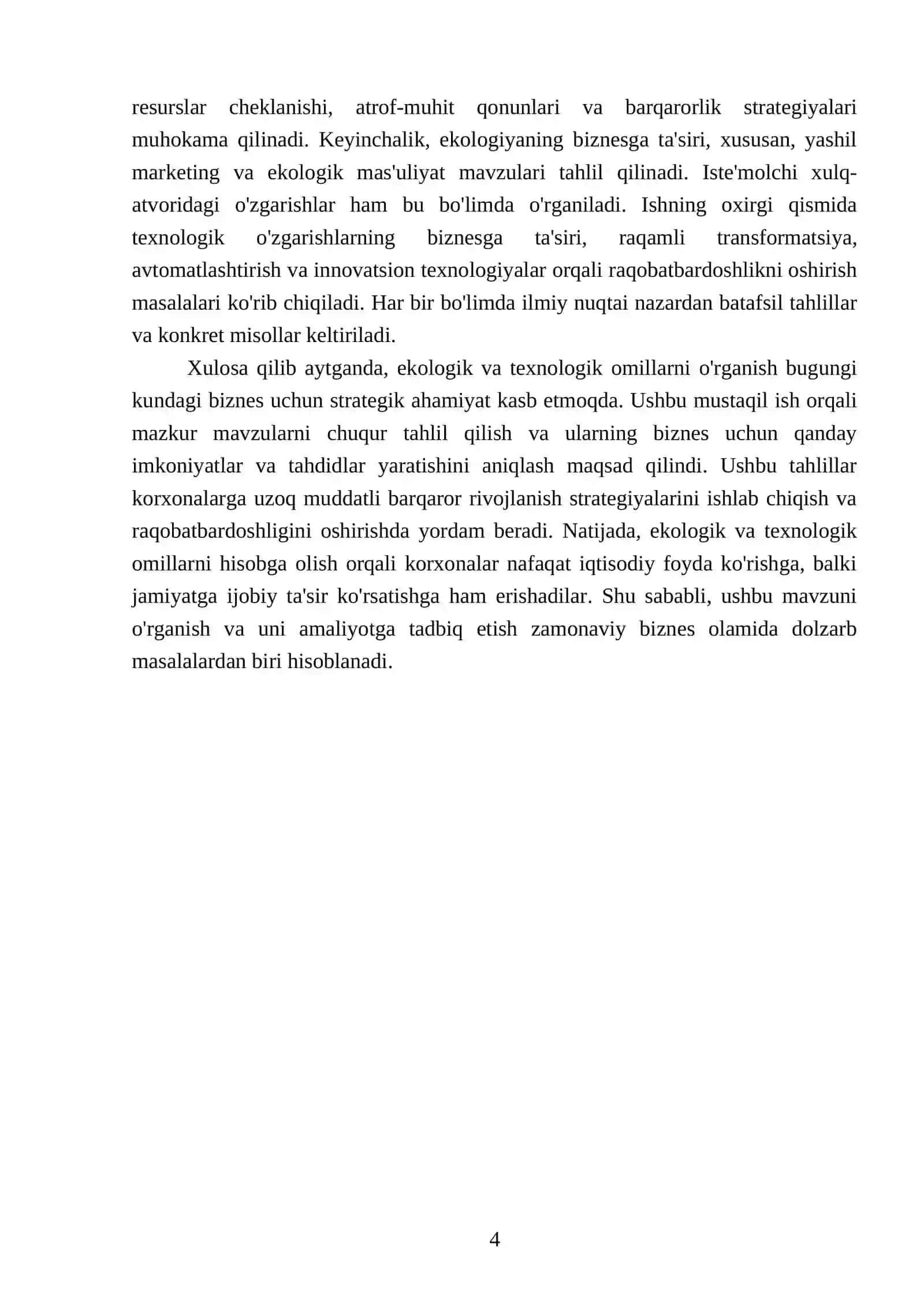 Ekologik omillar. Ekologiyaning biznesga ta'siri.Texnologik o'zgarishlarning biznesga tasiri 4