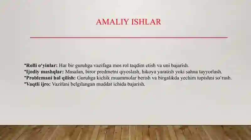 Amaliy guruhli ijrochilik Ko’nikmasini mustaxkamlash bo’yicha ish olib borish 4
