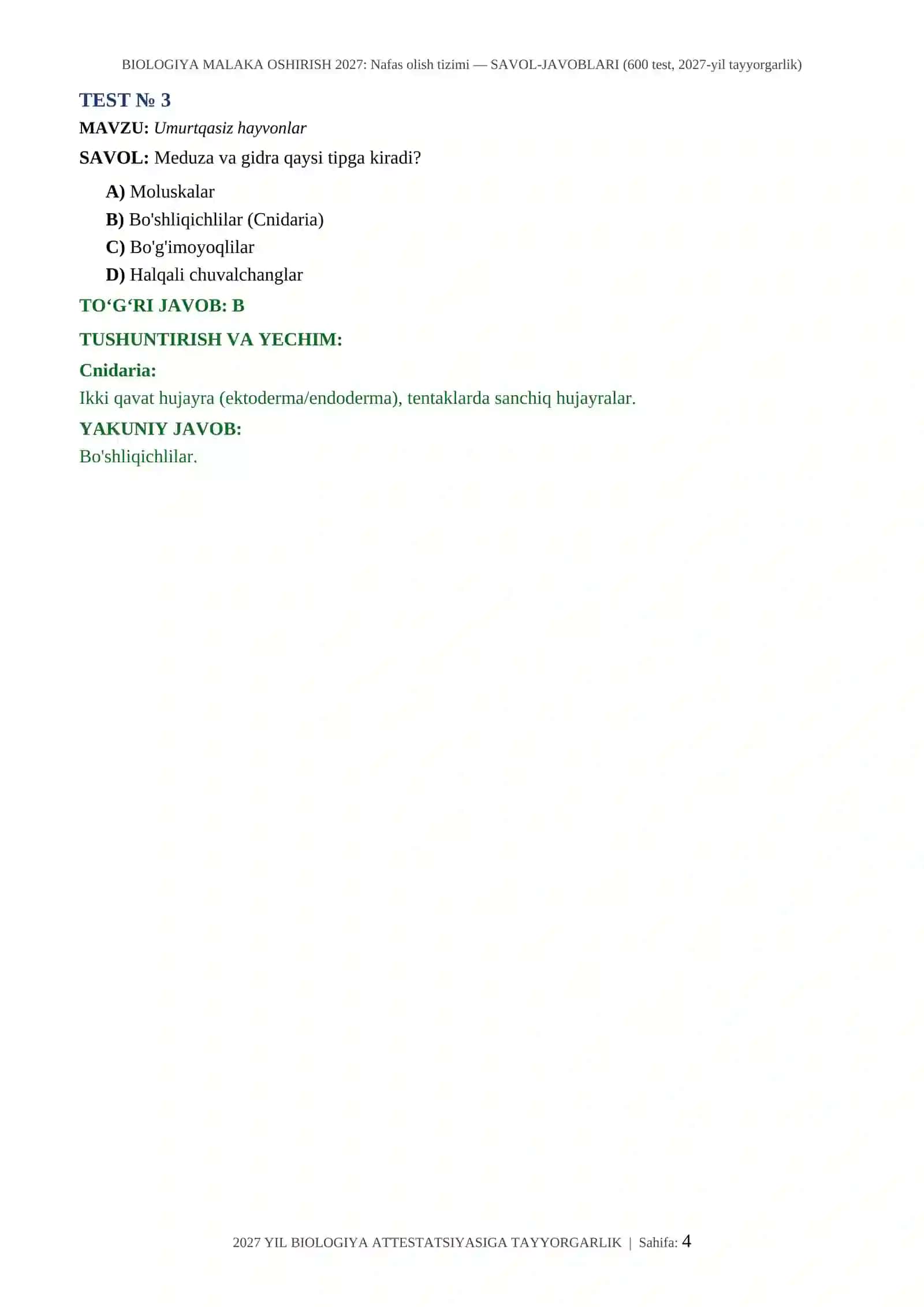 BIOLOGIYA MALAKA OSHIRISH 2027: Nafas olish tizimi — SAVOL-JAVOBLARI (600 test, 2027-yil tayyorgarlik) 4
