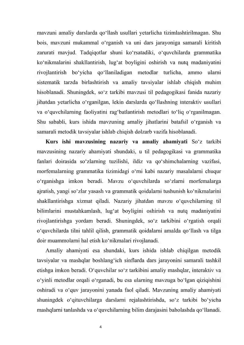 Boshlang‘ich sinflarda so‘z tarkibi mavzusini o‘rgatish metodikasi kurs ishi 4