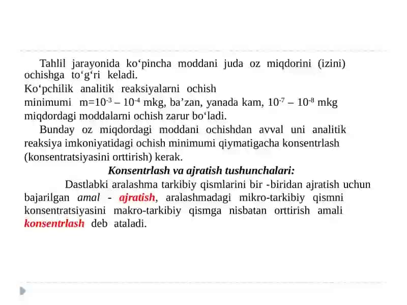 Moddalarni ajratish va konsentrlash usullari. Ekstraksiya va xromatografik usullarni analitik kimyoda qo’llanishi. 4