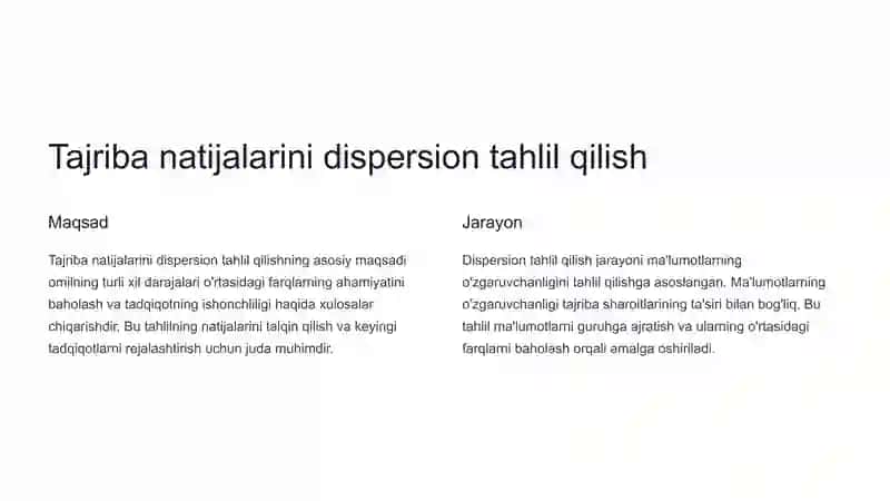 Bir faktorli tajribalar natijalarini dispersion tahlil qilish 4