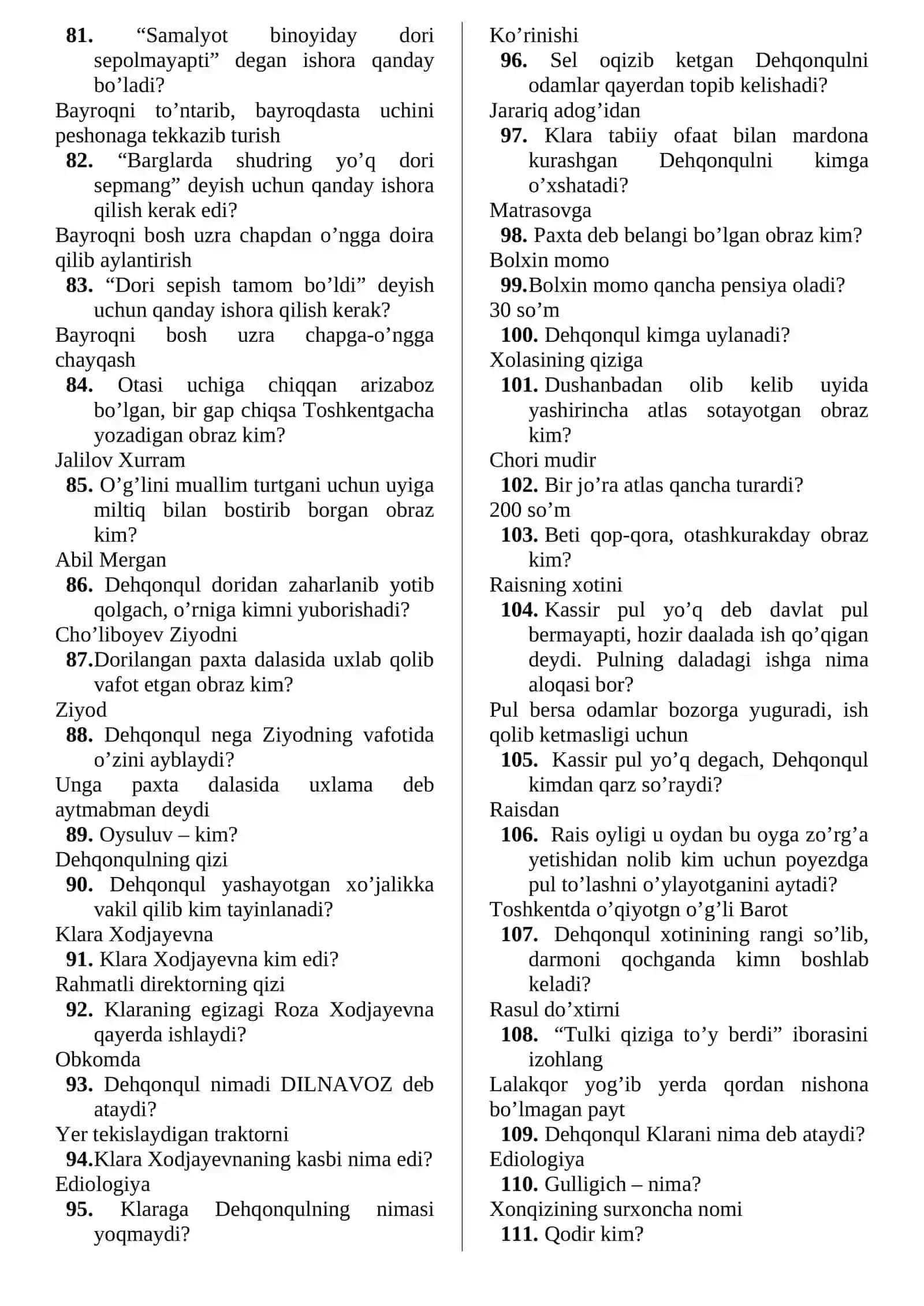 TOG‘AY MURODNING “Otamdan qolgan dalalar ” asari bo‘yicha savol-javoblar to’plami 4