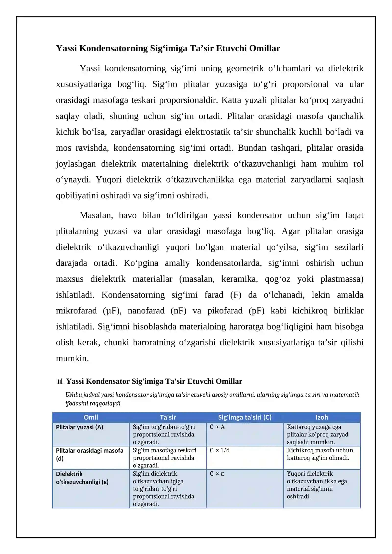 Yassi kondensator sigʻimi va elektr maydonidagi oʻtkazgich ichida kuchlanganlik 4
