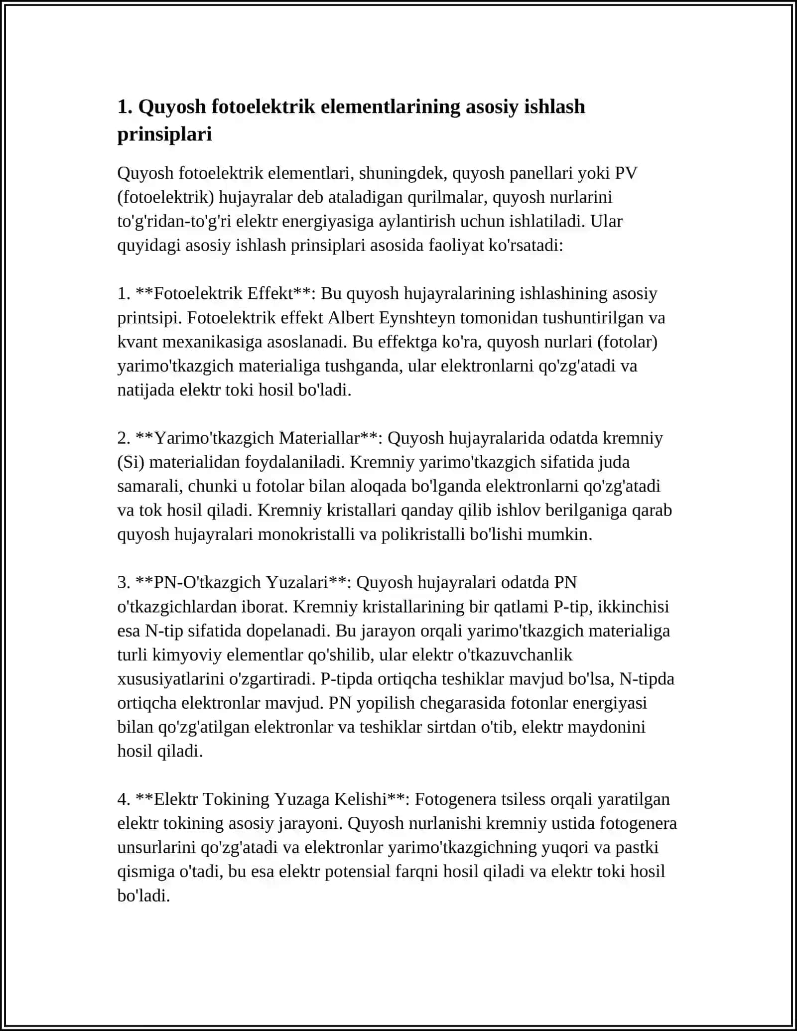 QUYOSH FOTOELEKTRIK ELEMENTLARI VA MODULLARI 4