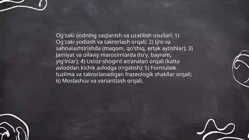 Xalq og'zaki ijodi. Xalq og'zaki ijodining o'ziga xos belgilari Mif afsona va RIVOYATLARNING JANR XUSUSIYATLARI 4