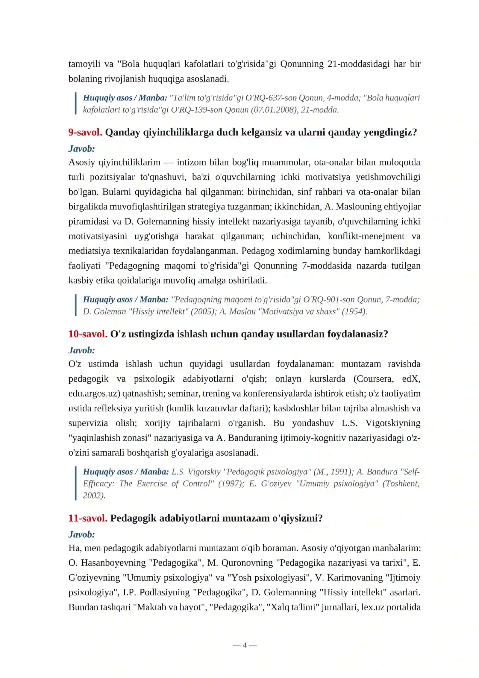 Maktab maslahatchisi savollarga javoblar 4