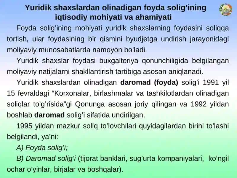 YURIDIK SHAXSLARDAN OLINADIGAN FOYDA SOLIG‘I 4