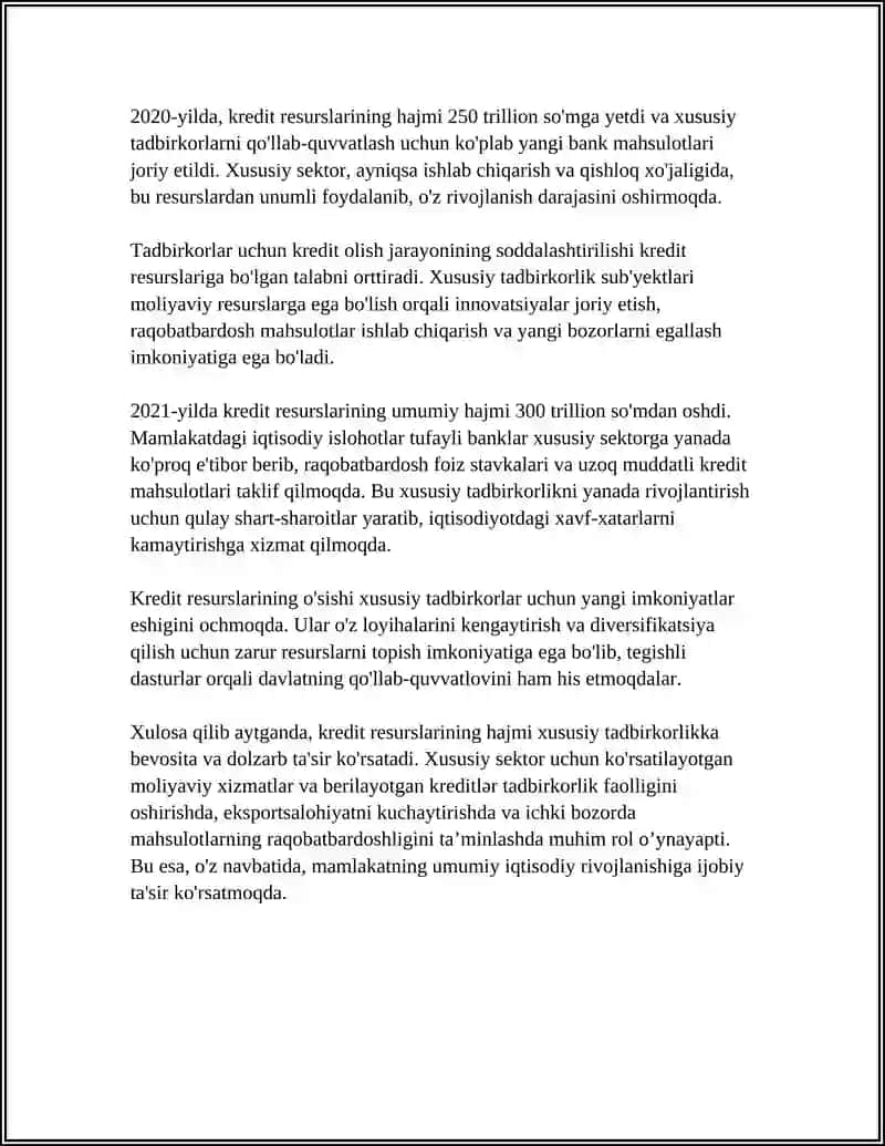 KREDIT RESURSLARI HAJMINING XUSUSIY TADBIRKORLIKKA TA'SIRI 4