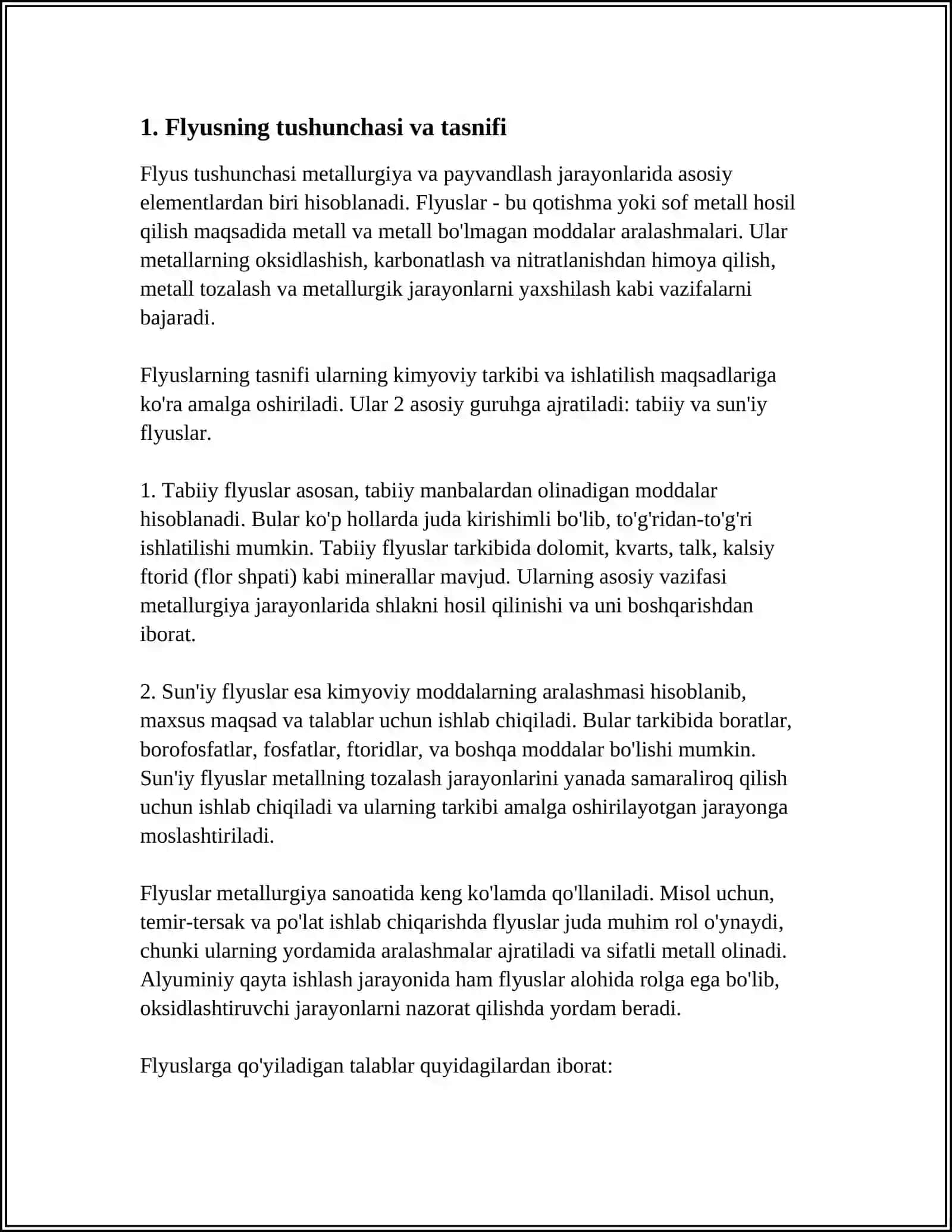 FLYUS TURLARI VA ULARGA QOʻYILAYOTGAN TALABLAR 4