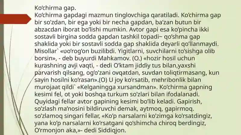 O’zga gap va uning turlari. Ko’chirma gap. O’zlashtirma gap 4