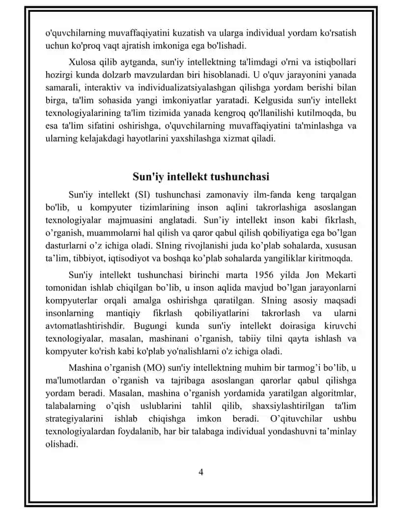 SUN’IY INTELLEKTNING TA’LIMDAGI O‘RNI VA ISTIQBOLLARI REFERAT 4